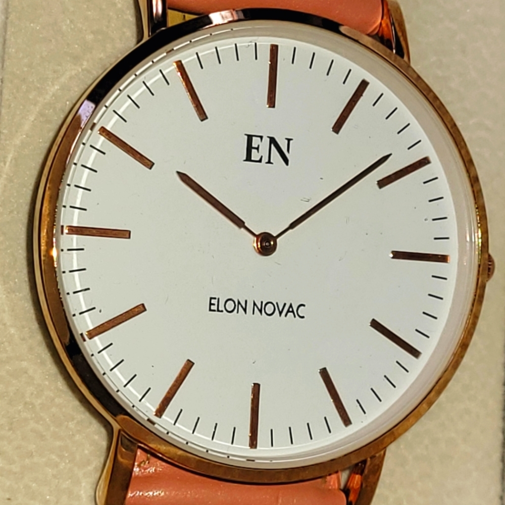 ⏱️💥 Elon Novac-Round Face-Salmon Pink Leather Strap Watch - Picture 3 of 10